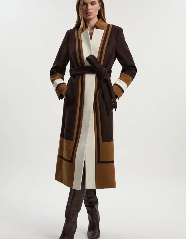 Brushed Wool Colour Block Tailored Belted Midi Coat