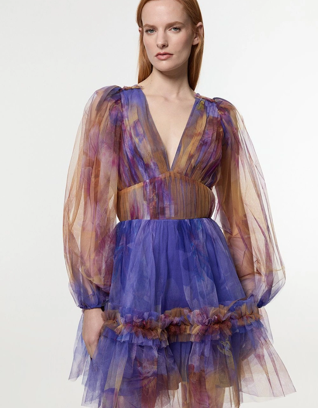 Floral Tulle Plunge Long Sleeve Woven Mini Dress, 2 of 1