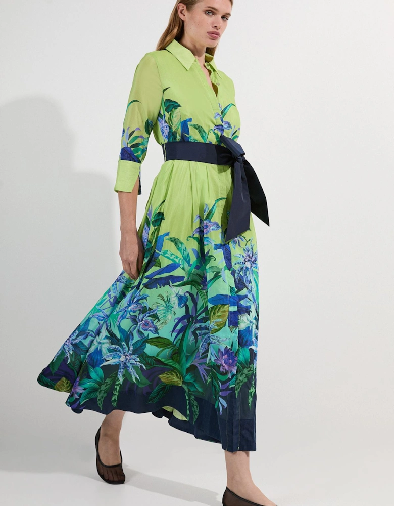 Tropical Floral Silk Cotton Woven Shirt Midi Dress