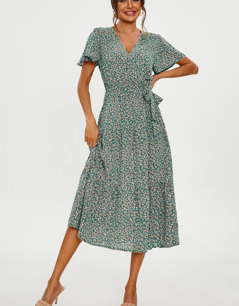 Orange Floral Print Hem Tiered Wrap Midi Dress In Green