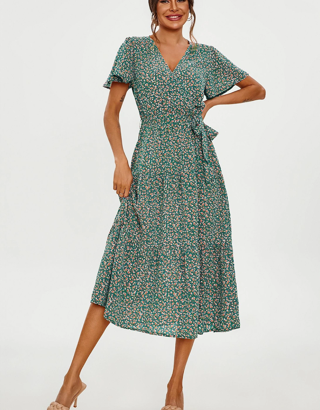 Orange Floral Print Hem Tiered Wrap Midi Dress In Green, 2 of 1