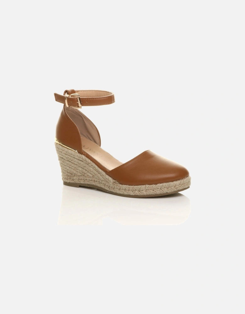 Mid Wedge Heel Ankle Strap Espadrille Faux Leather Heeled Sandals