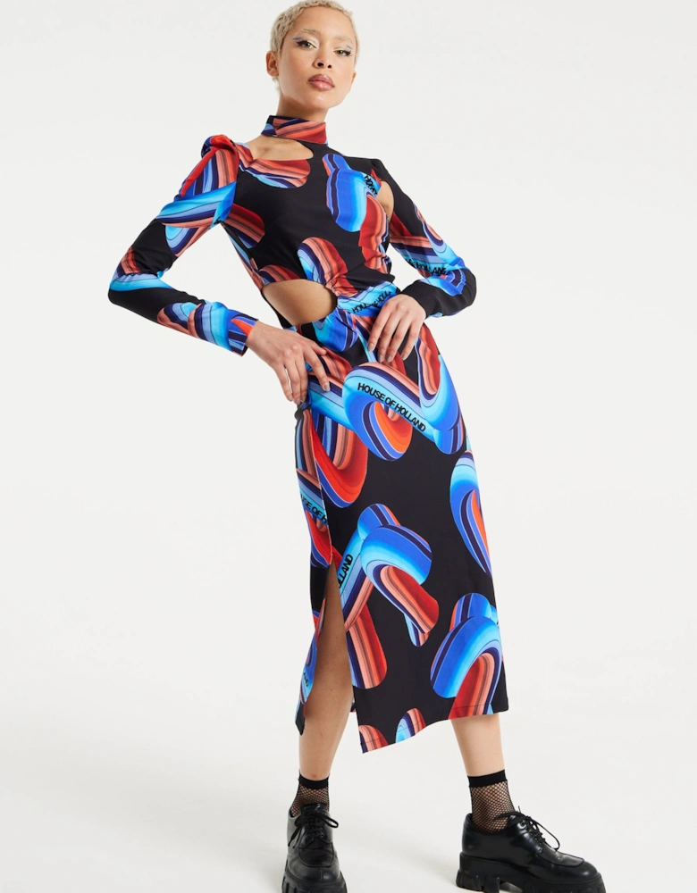 Abstract Print Midi Dress With Front Cut Out Detail