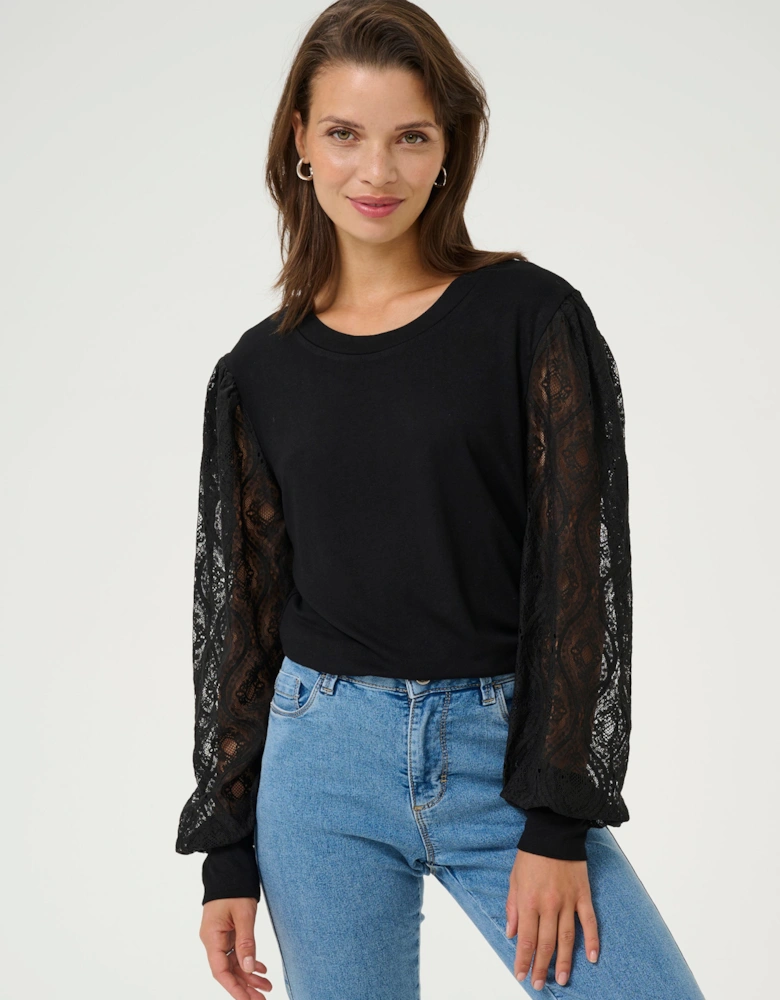 KAnima Lace Sleeve Round Neck Blouse Plain