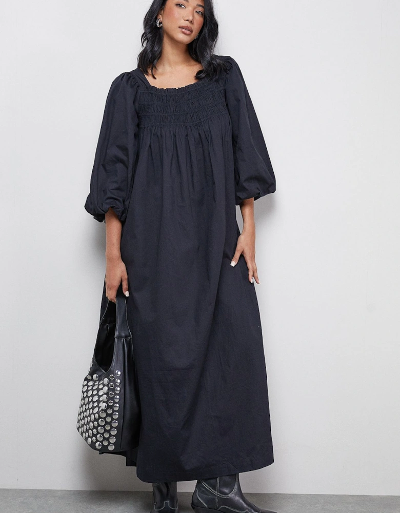 Cotton Shirred Square Neck Midi Dress