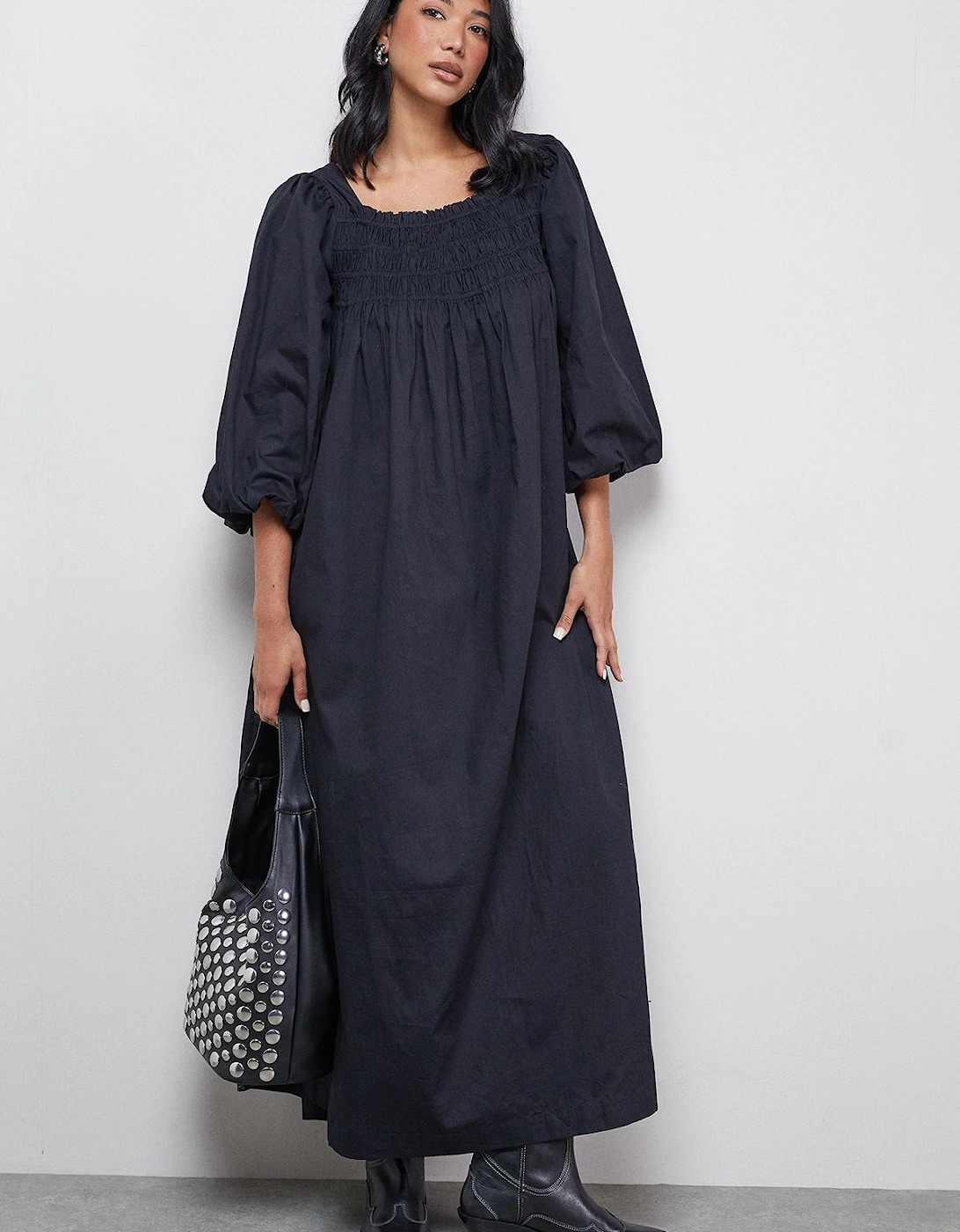 Cotton Shirred Square Neck Midi Dress, 2 of 1
