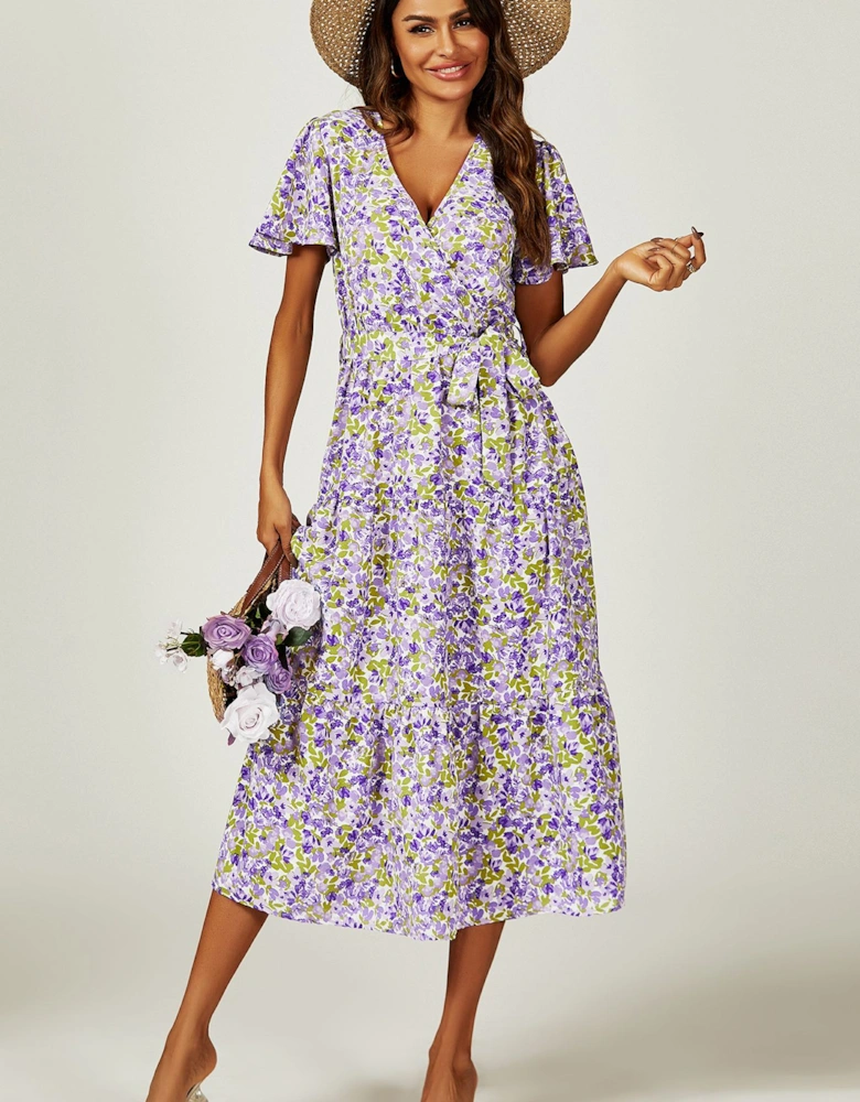 Floral Print Hem Tiered Wrap Midi Dress In Purple