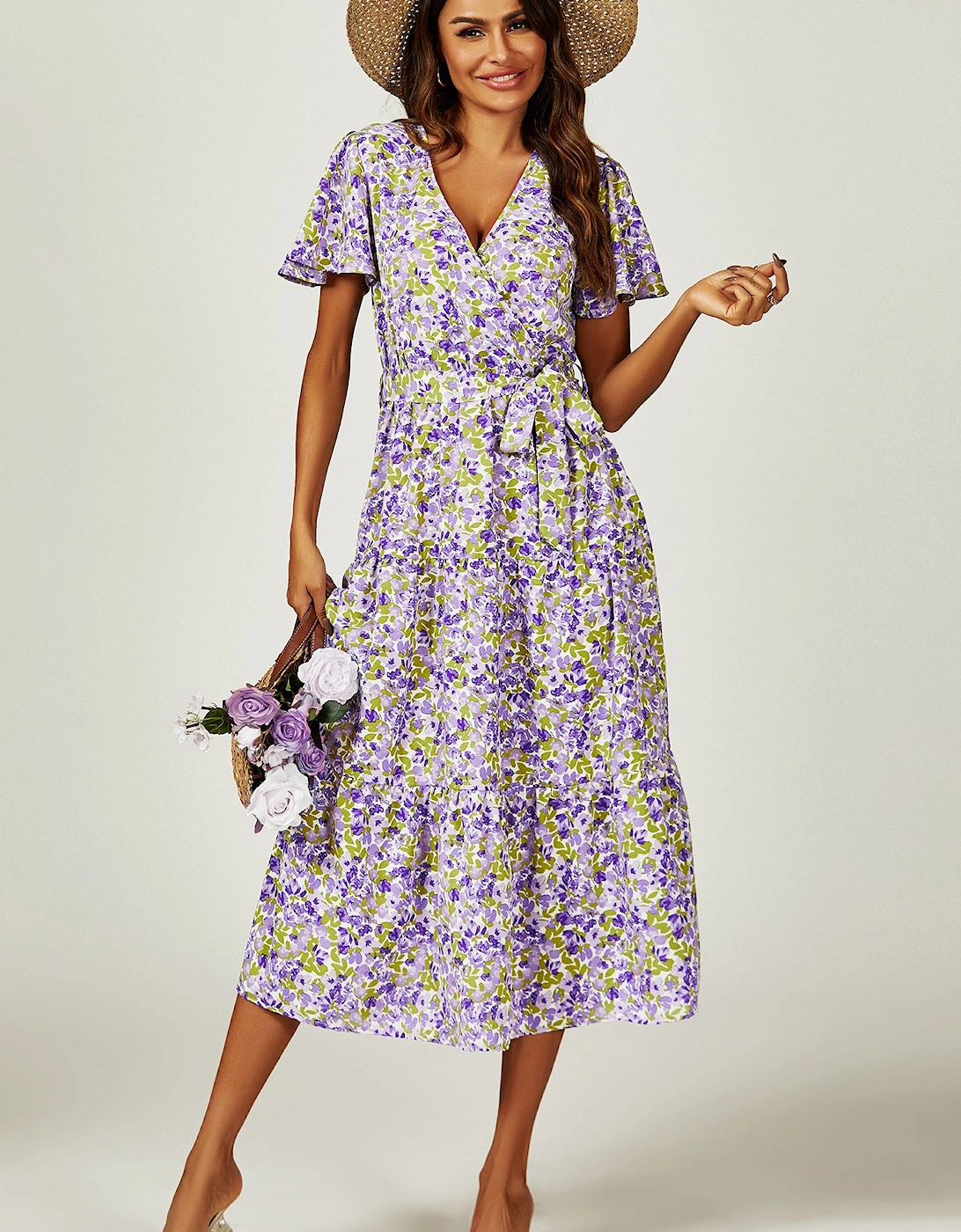 Floral Print Hem Tiered Wrap Midi Dress In Purple, 2 of 1