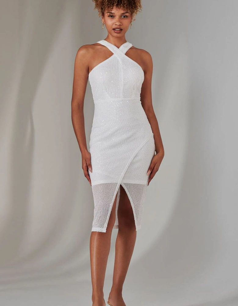 Cross Neck Slit Bodycon Dress