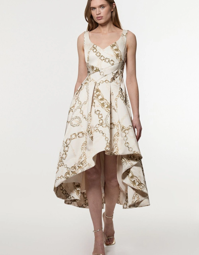 Structured Viscose Satin Chain Print Tailored Prom Maxi Dress