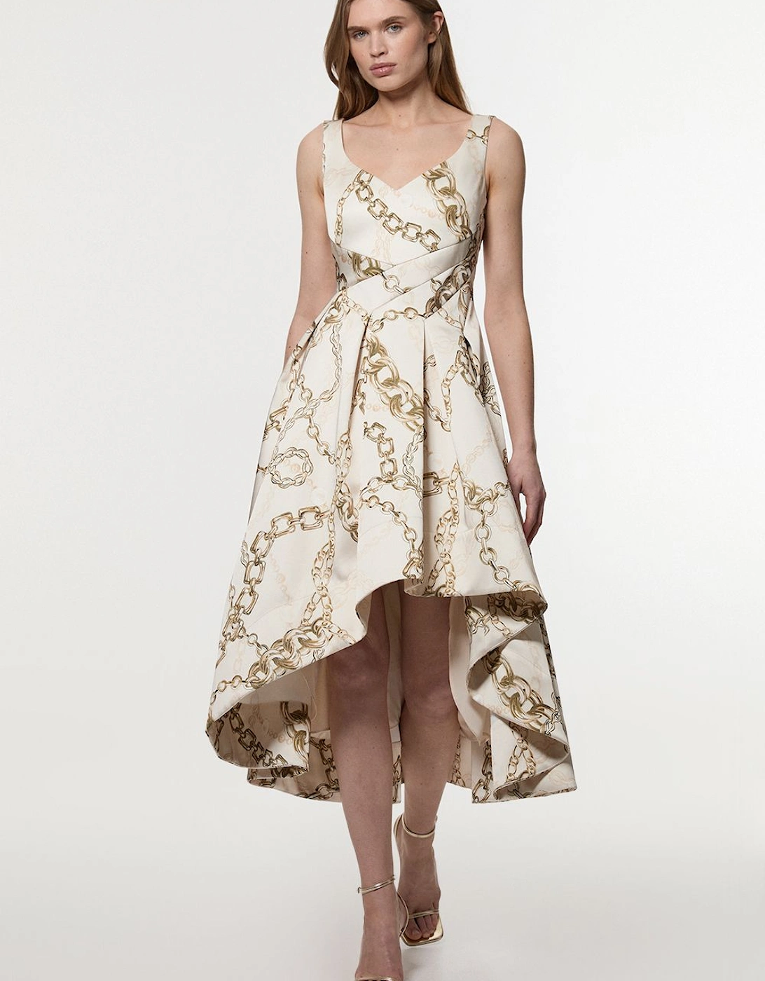 Structured Viscose Satin Chain Print Tailored Prom Maxi Dress, 2 of 1