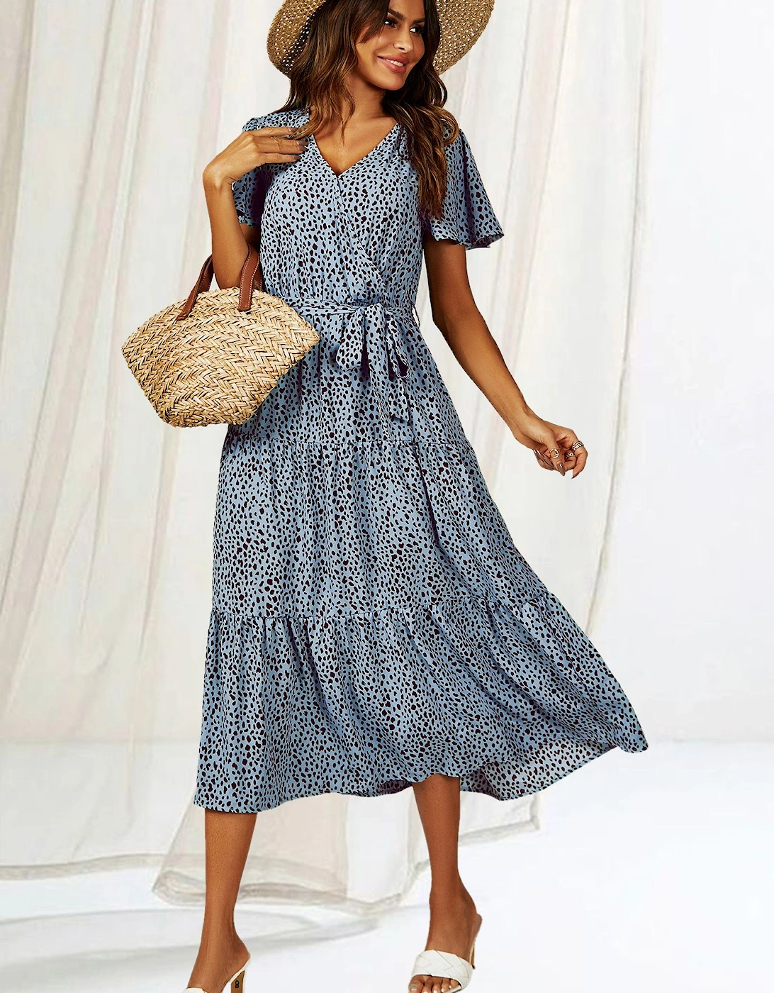 Leopard Print Hem Tiered Wrap Midi Dress In Blue, 2 of 1
