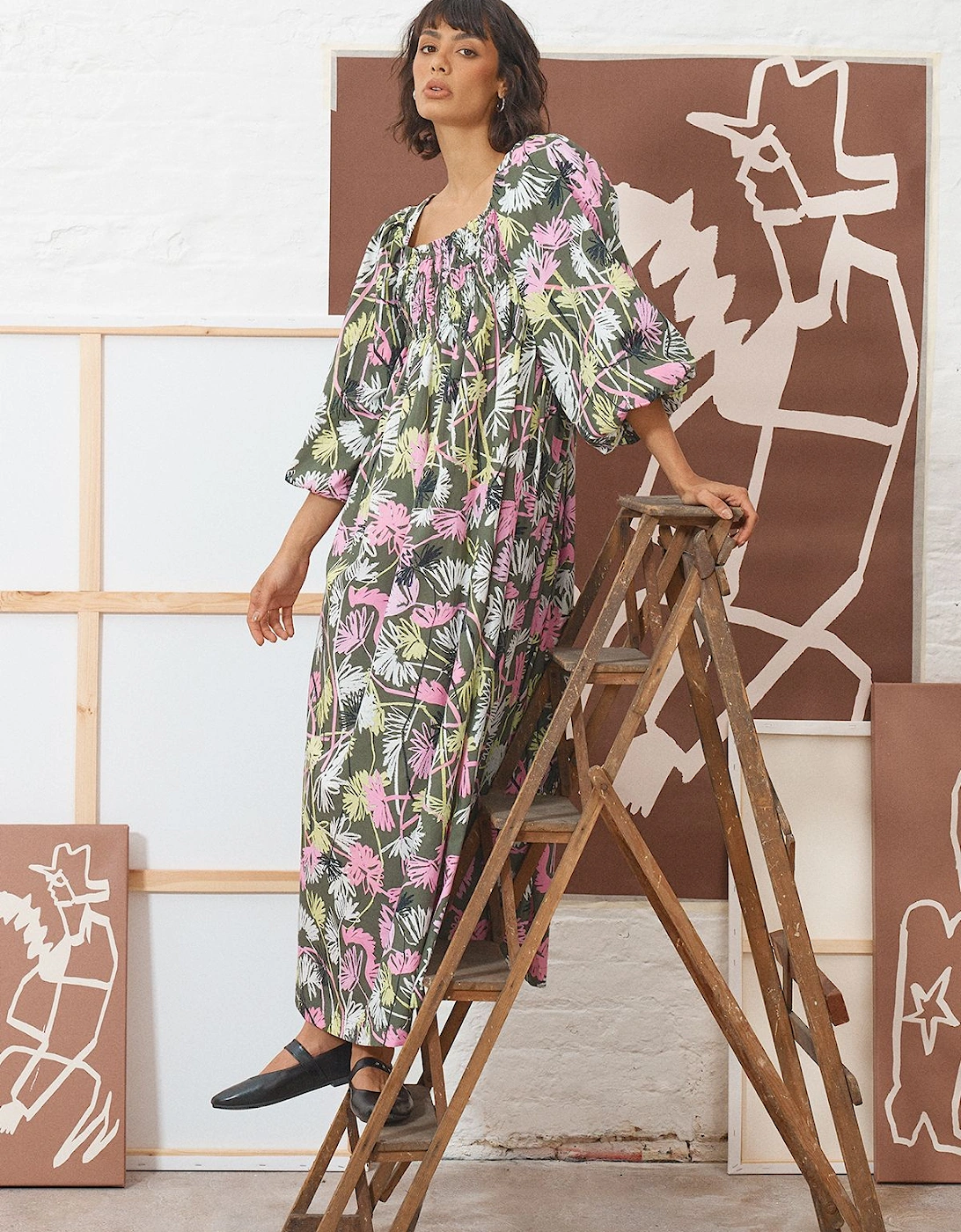 Tony Cotton Shirred Square Neck Midi Dress, 2 of 1