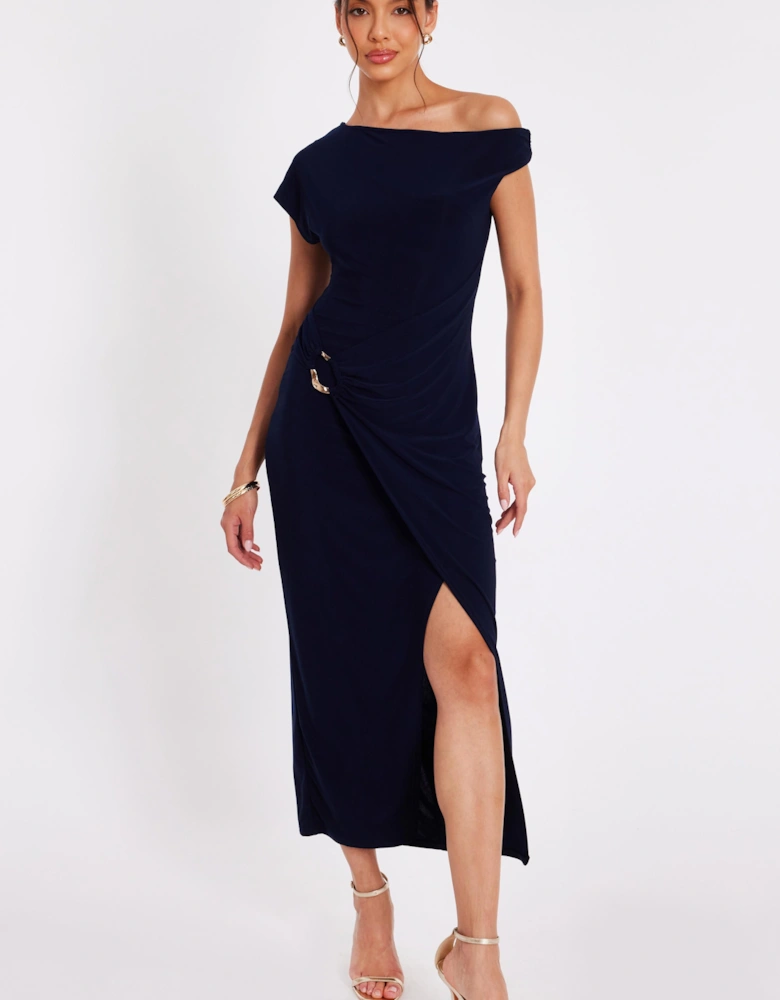Navy Asymmetric Wrap Midaxi Dress