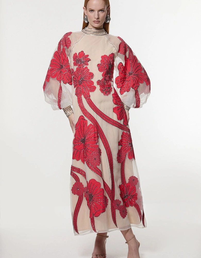 Applique Organdie Floral Graphic Woven Maxi Dress