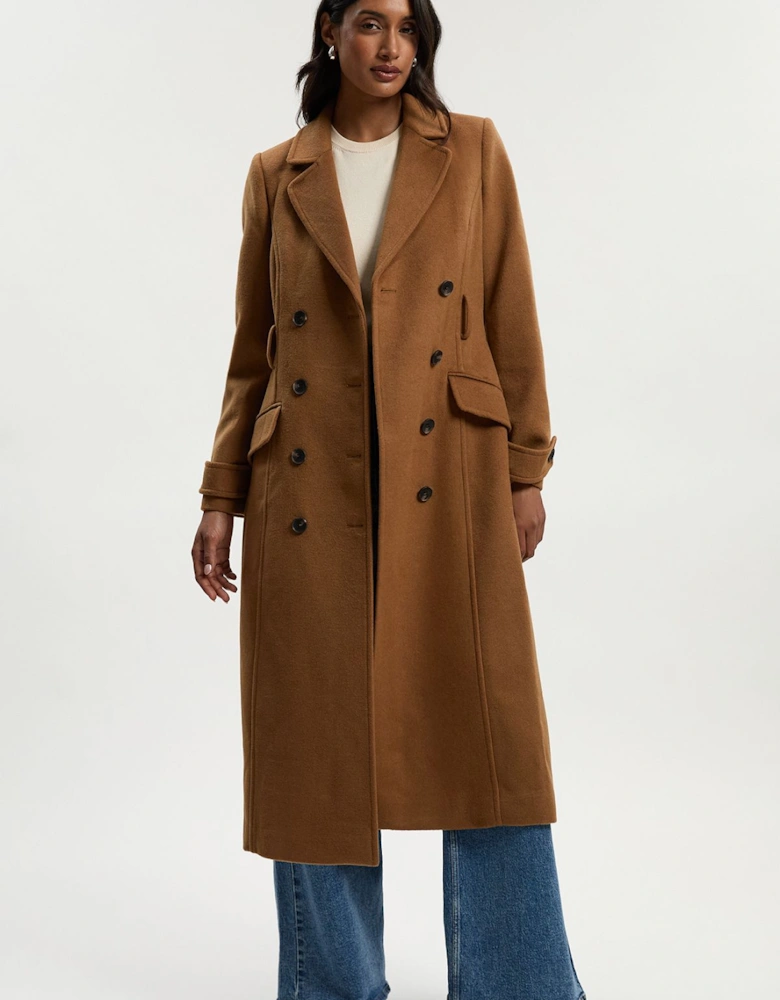Tailored Wool Blend Double Breasted Buckle Belted Midi Coat