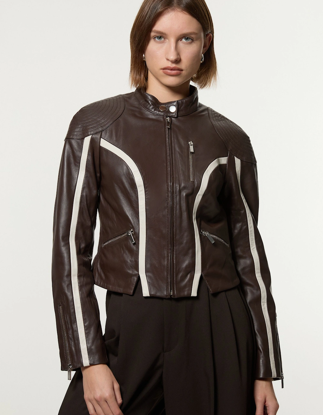 Leather Colourblock High Collar Motto Biker Jacket, 2 of 1