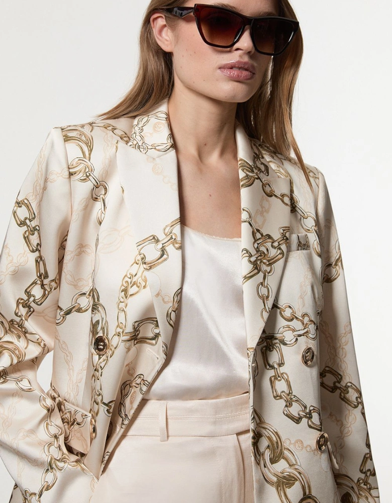Structured Viscose Satin Chain Print Tailored Double Breasted Blazer