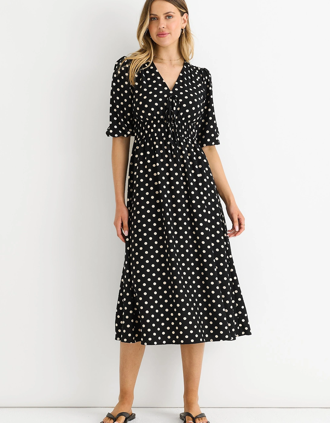 Black Spot Print Shirred Waist Shift Midi Dress, 2 of 1
