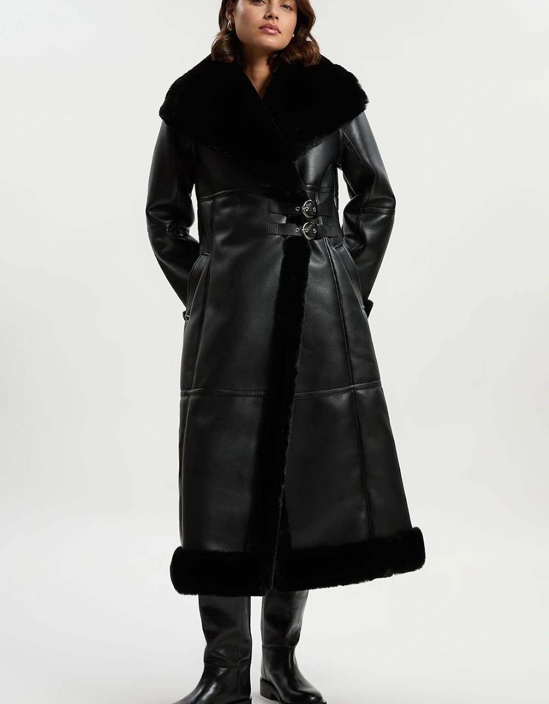 Faux Shearling Oversize Collar Buckle Midi Coat, 2 of 1
