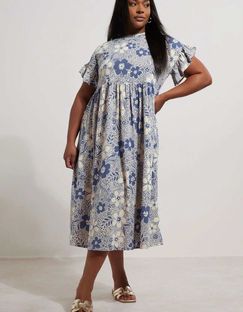 Floral Print Frill Sleeve Midaxi Dress
