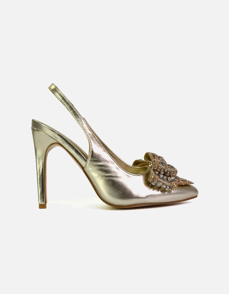 'Felicity' High Heel Diamante Bow Slingback Court Shoes