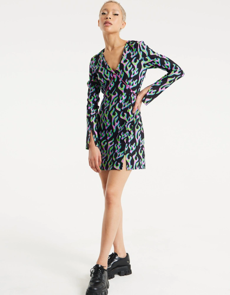 Neon Green And Pink Flame Print Long Sleeve Mini Dress