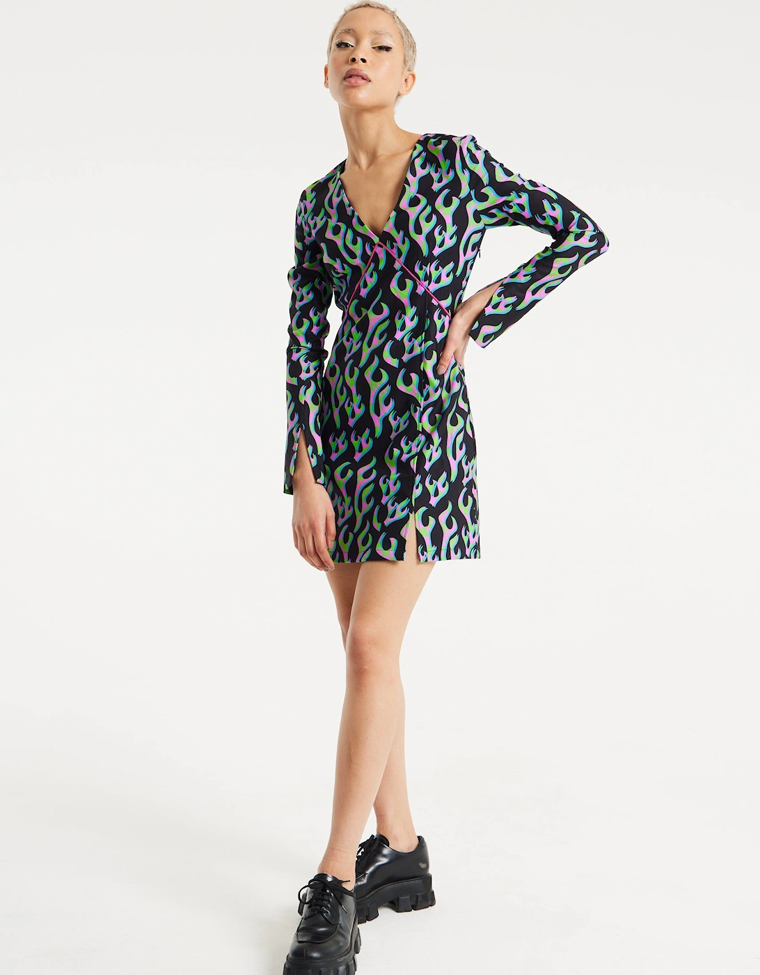 Neon Green And Pink Flame Print Long Sleeve Mini Dress, 2 of 1