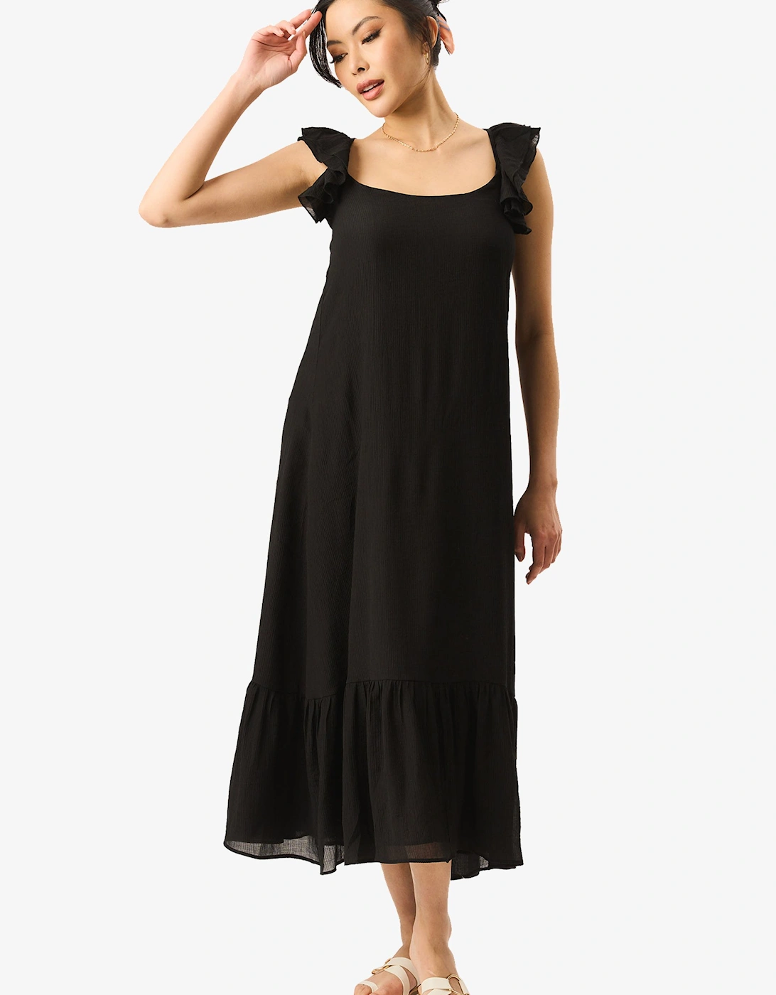 Black Ruffle Short Sleeve Maxi Dress, 2 of 1