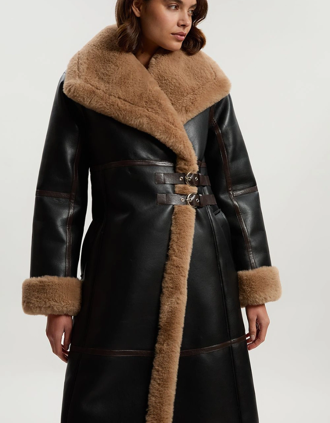 Faux Shearling Oversize Collar Buckle Midi Coat, 2 of 1