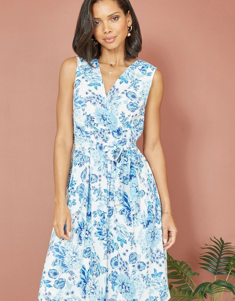 Blue Floral Wrap Over Skater Dress