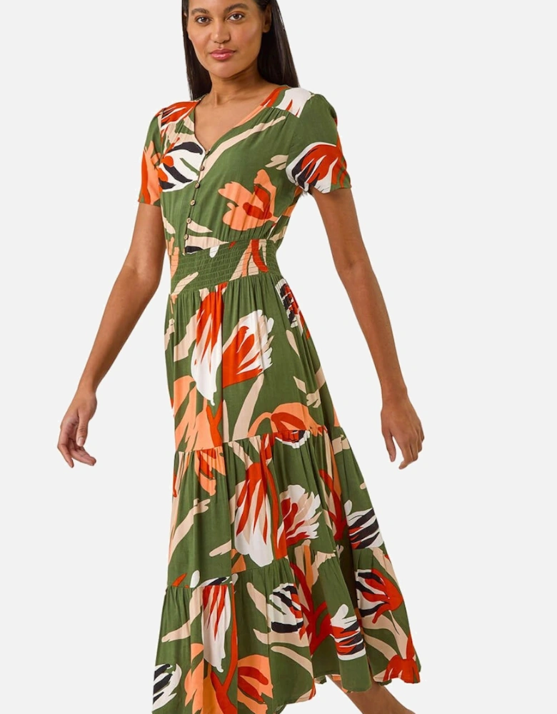 Leaf Print Tiered Maxi Dress