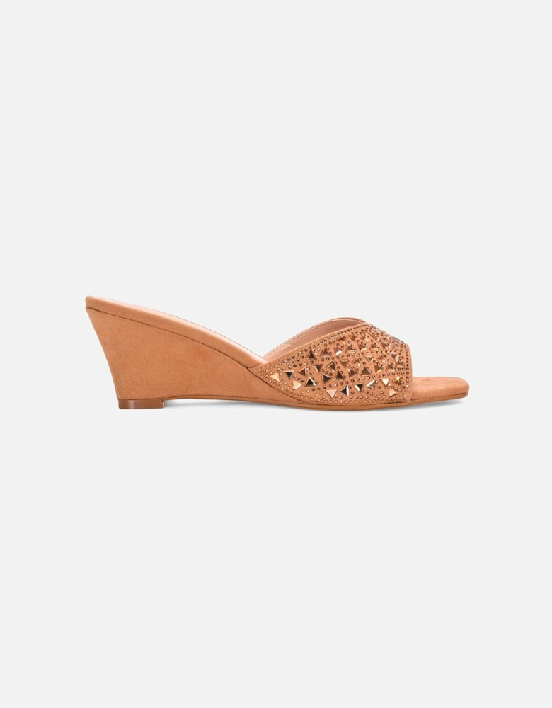 'Georgia' Wedge Heel Diamante Square Peep Toe Heeled Mule Sandals