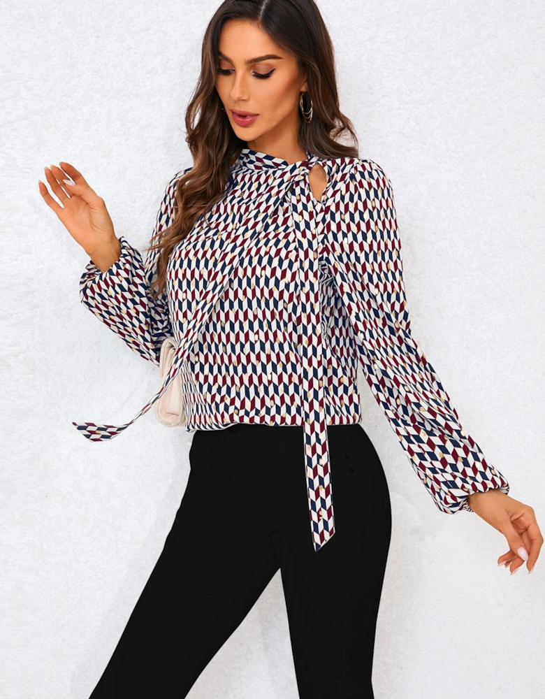 Geo Print Side Tie Blouse Top
