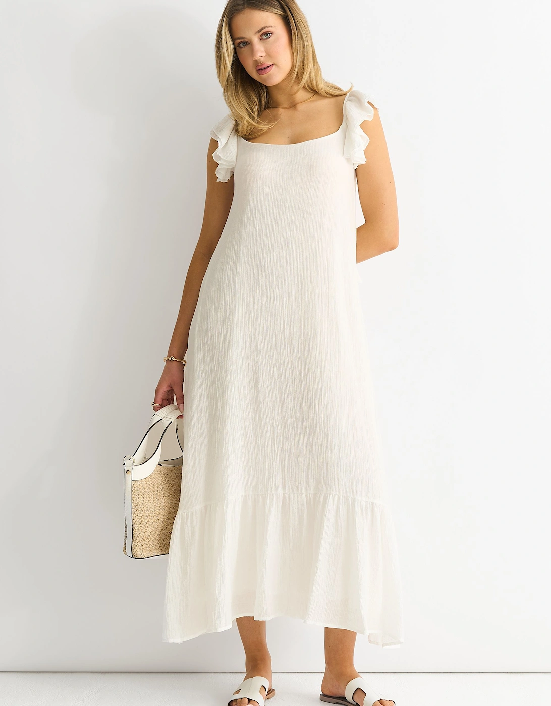White Ruffle Short Sleeve Maxi Dress, 2 of 1