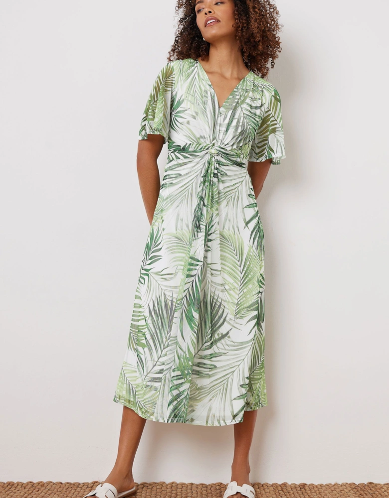 Palm Print Twist Midi Dress