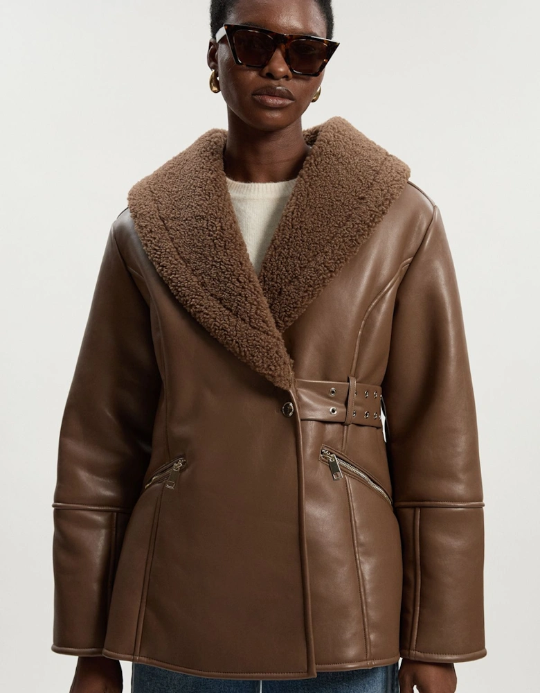 Faux Leather Bonded Waisted Peplum Coat