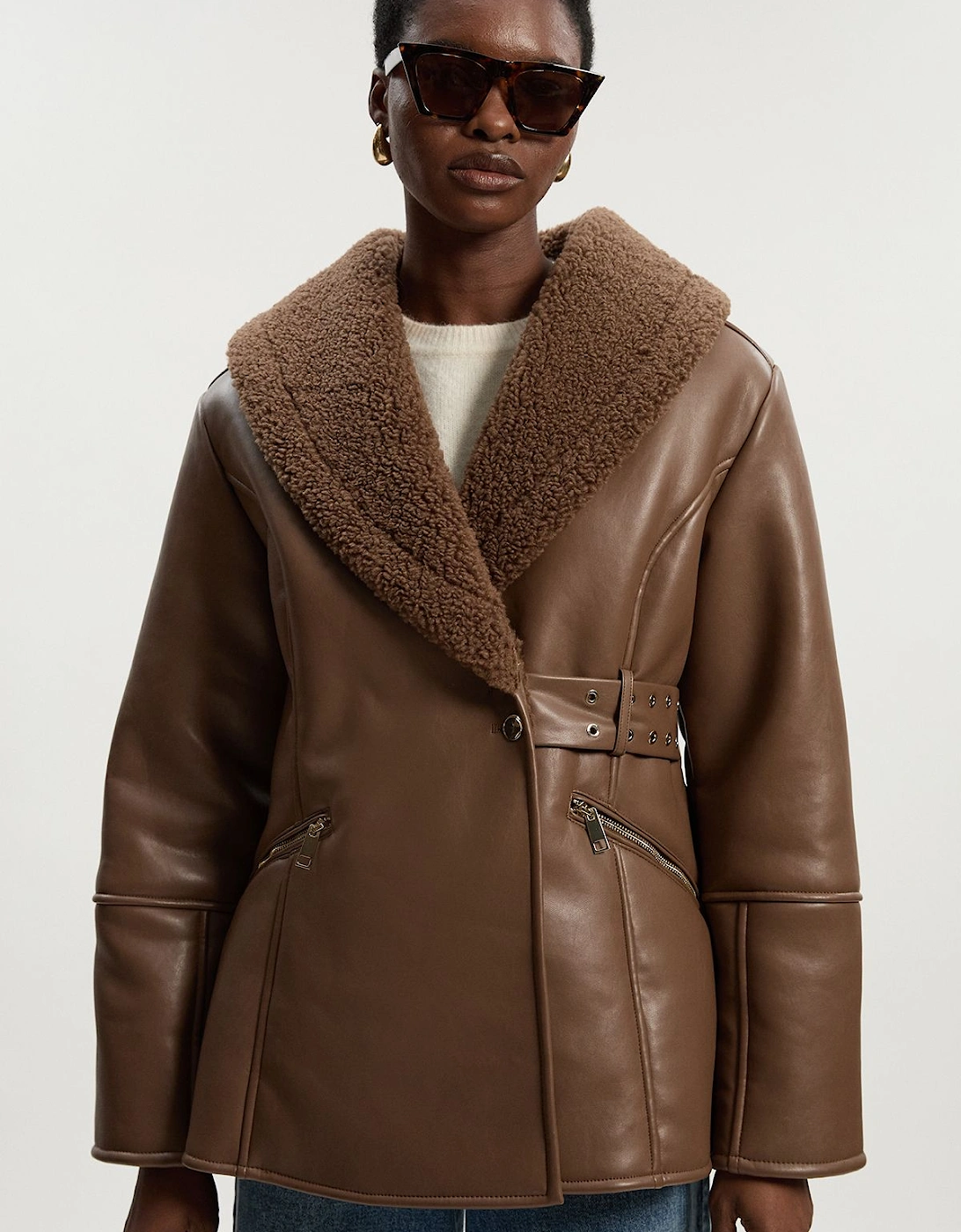 Faux Leather Bonded Waisted Peplum Coat, 2 of 1