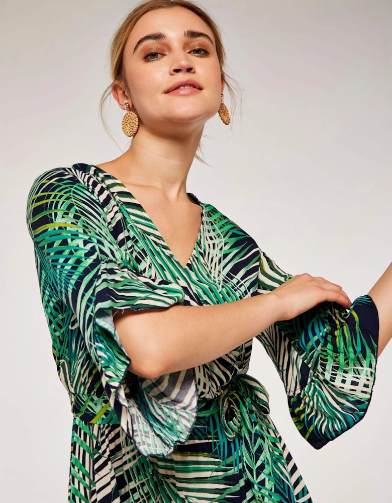 Tropical Leaf Ruffle Midi Dress