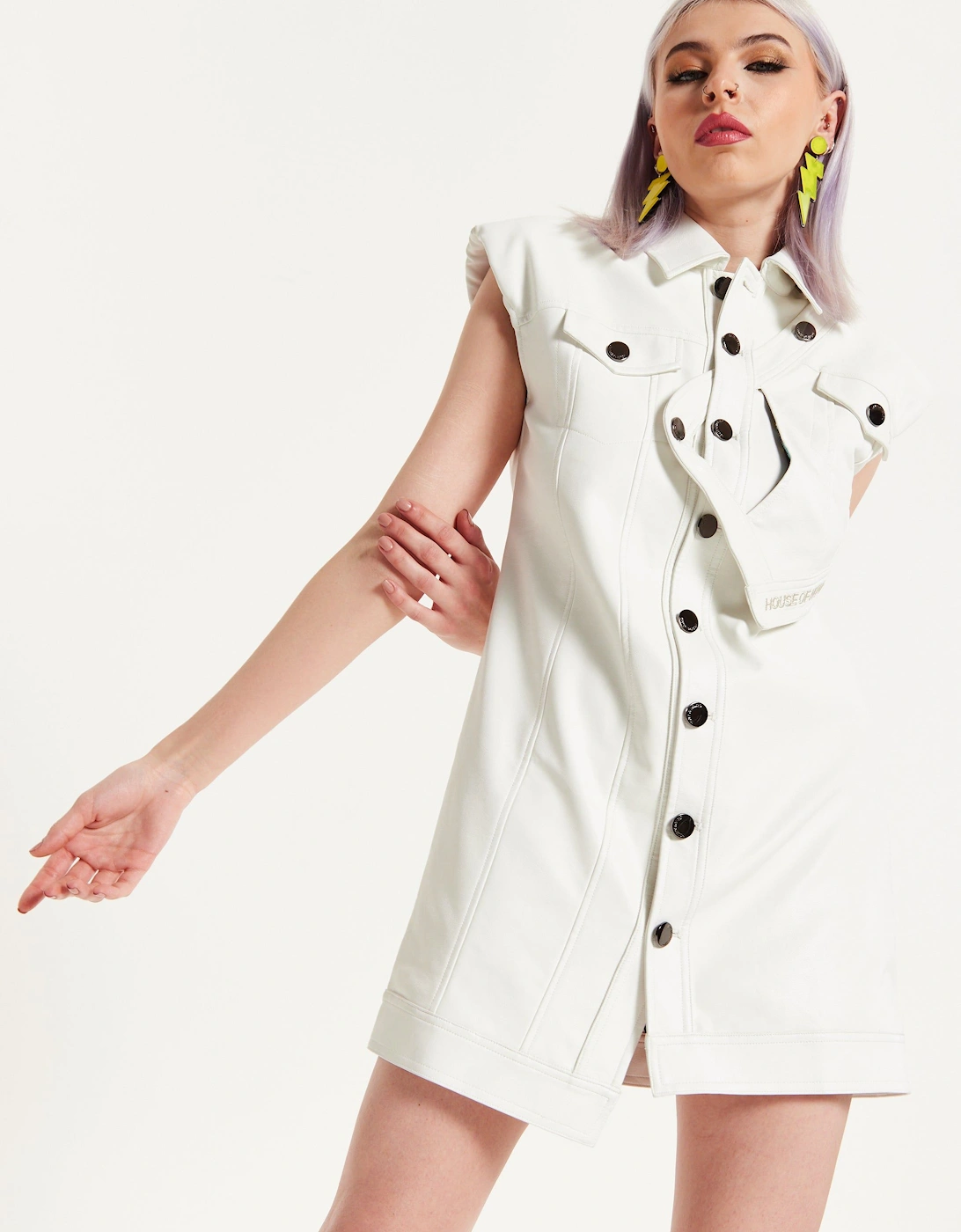 Rocker Faux Leather Twist Button Down Dress Off White, 2 of 1