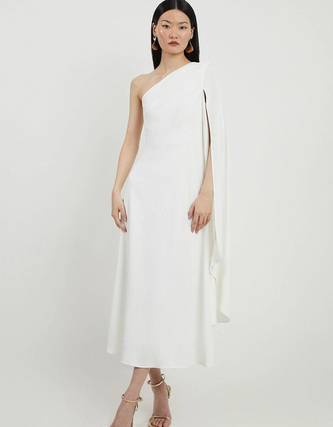 Satin Back Crepe One Shoulder Drape Sleeve Maxi Dress, 2 of 1