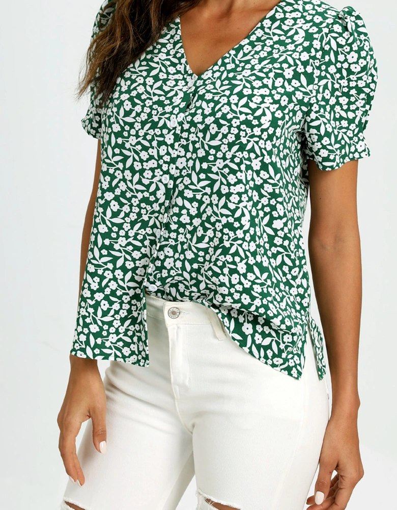 Short Sleeve Buttoned Blouse Top In Green & White Flora  Print
