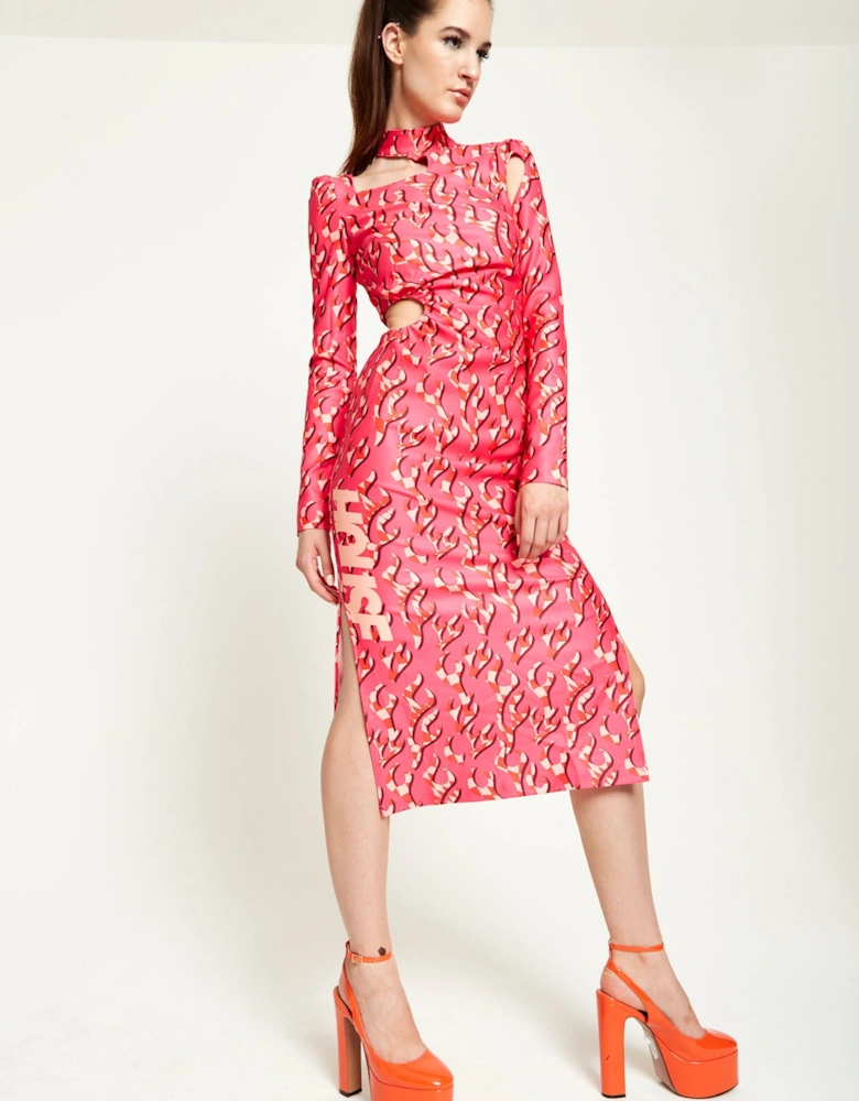 Pink Flame Clashing Colours Midi Dress With Cut Out Details