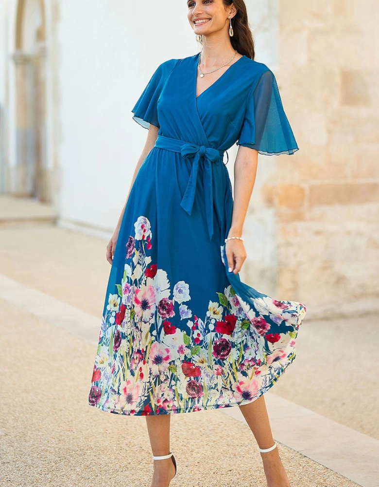 Teal Mesh Wrap Midi Dress With Floral Hem Border