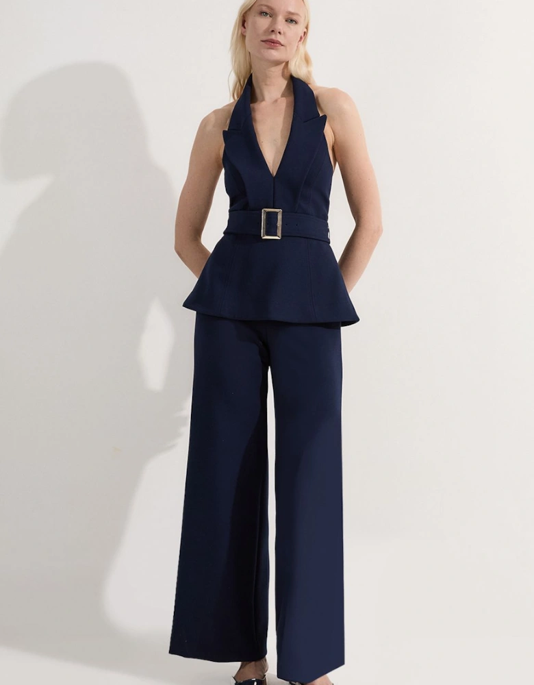 Compact Stretch Halterneck Tailored Wide Leg Jumpsuit