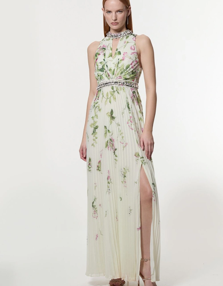 Floral Halter Diamante Enamel Trim Woven Pleated Split Maxi Dress