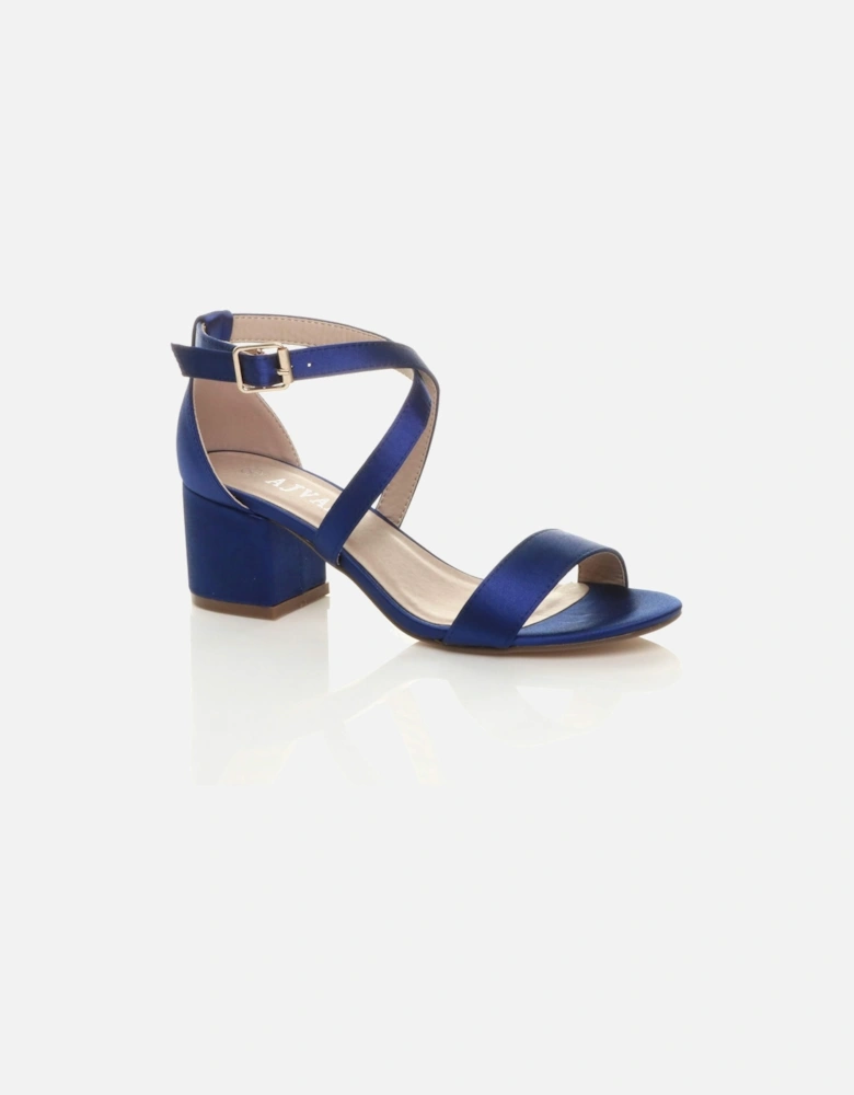 Mid Block Heel Crossed Straps Satin Heeled Sandals