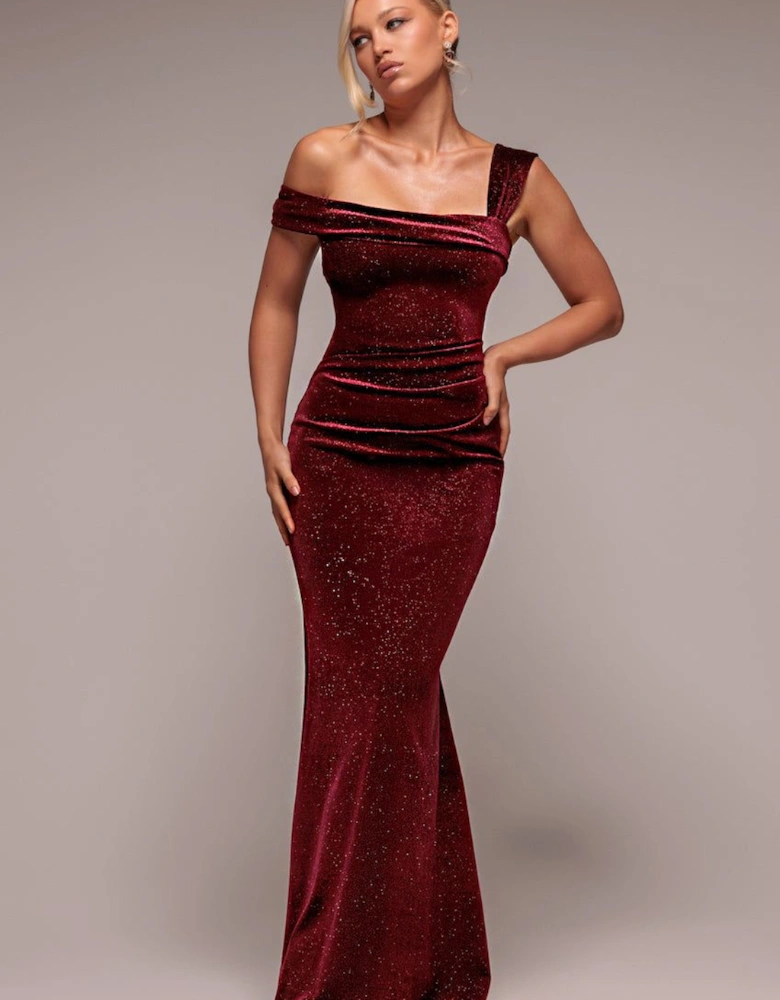 Glitter Polka Dot Velvet One Shoulder Maxi Dress