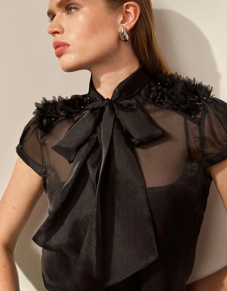 Organza Petal Applique Woven Tie Neck Blouse