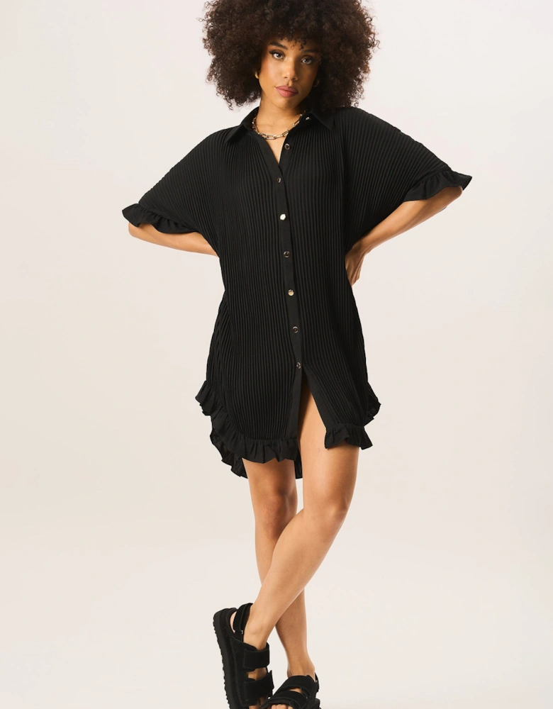 Black Plisse Frill Detail Oversized Shirt Dress